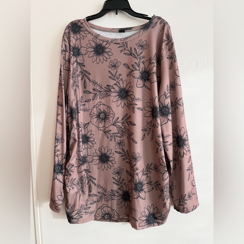 Long Sleeve 2X Brown Top With Black Flower Print